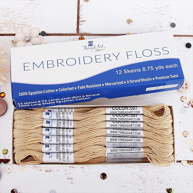 12 Skeins ThreadArt Premium Egyptian Long Fiber Cotton Embroidery Floss | Cream | 6 Strand Divisible Thread 8.75yds Each for Hand Embroidery, Friendship Bracelets, Cross Stitch and Crafts