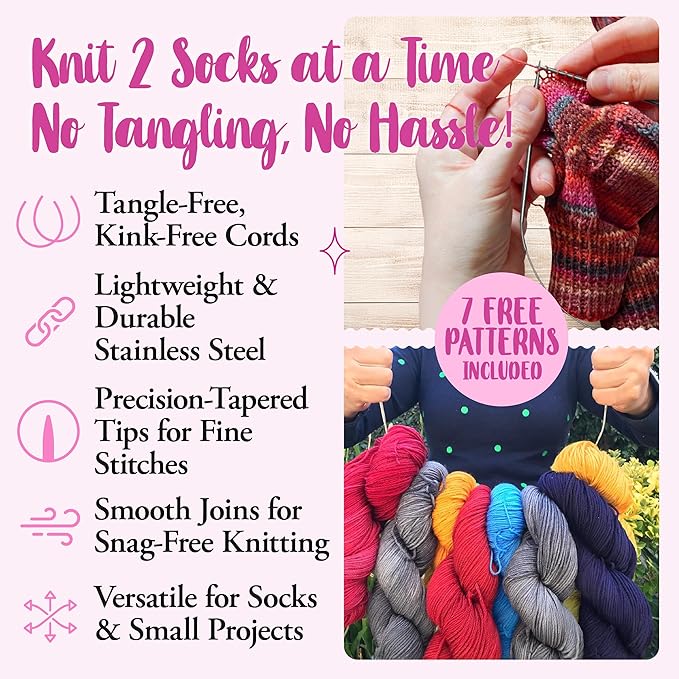 KnitPal 47-in(120cm) Stainless Steel Circular Knitting Needles Set - Magic Loop Sock Knitting Needles - 6 US Sizes: 0/2mm, 1/2.25mm, 1.5/2.5mm, 2/2.75mm, 3/3.25mm, 4/3.5mm - Free Patterns & eBook