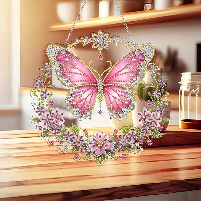 DIY Hanging Diamond Art Kit for Adults, 5D Acrylic Gem Art Window & Wall Pendant, Diamond Painting Ornament for Home Decor (Butterfly)