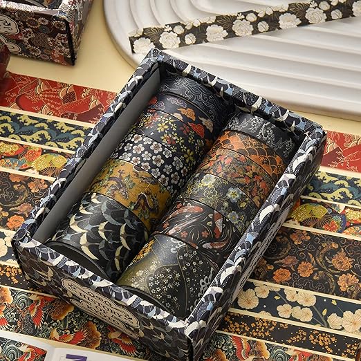 12 Rolls Kyoto Charm Washi Tape Set Japanese Arts Adhesive Tapes Geometric Garden Decorative Masking Tape Sets for Craft, Kids, Scrapbook, DIY, Gift Wrapping (Cerulean Showa)
