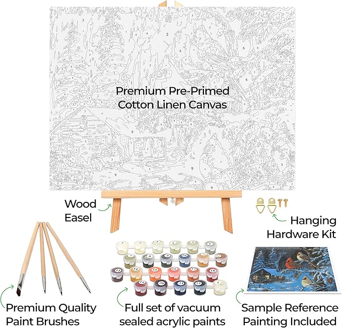 Ledgebay DIY Paint by Numbers Kit for Adults Framed Canvas Beginner to Advanced Paint by Numbers Kit Kits Include Acrylic Paint Set Brushes Tabletop Easel (Cabin Fever 16"x20" Framed)
