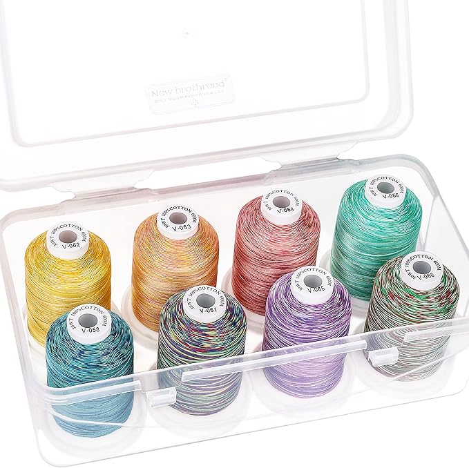 New brothread - 18 Options - Multi-Purpose 100% Mercerized Cotton Thread 50S/3 600M Each Spool for Quilting, Serger, Sewing and Embroidery - 8xVariegated Colors-2 with Clear Plastic Storage Box