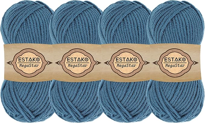 Estako Megastar, (4 Skeins Pack) 75% Acrylic 25% Wool Yarn, Soft, Chunky Bulky Weight #5 for Crochet and Knitting (4 x 3.52 Oz) / (4 x 120 Yrds) (65096 - Oil Blue)