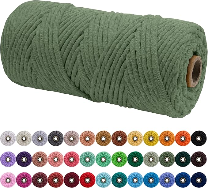 JeogYong Single Strand Macrame Cord 4mm x 109 Yards (328 Feet) Soft Cotton Rope Macrame Yarn 4 mm Macrame Cord, Macrame Supplies for Crafts Wall Hangings Plant Hangers Decorations (Army Green)