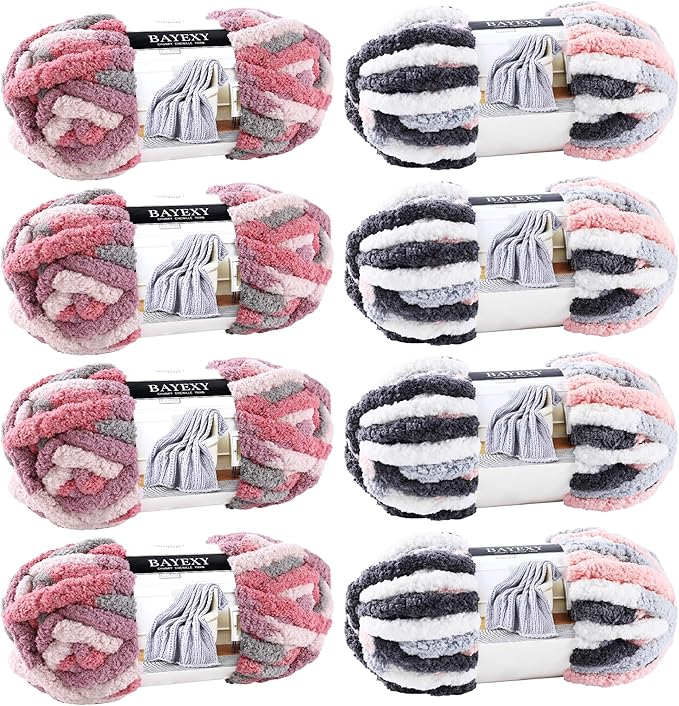 Chunky Chenille Yarn for Hand Knitting 8 Jumbo Pack Jumbo Chunky Yarn for Hand Soft Blanket Knitting, Bulky Thick Fluffy Yarn for Crocheting (Cherry Blossom+Kitten Color)