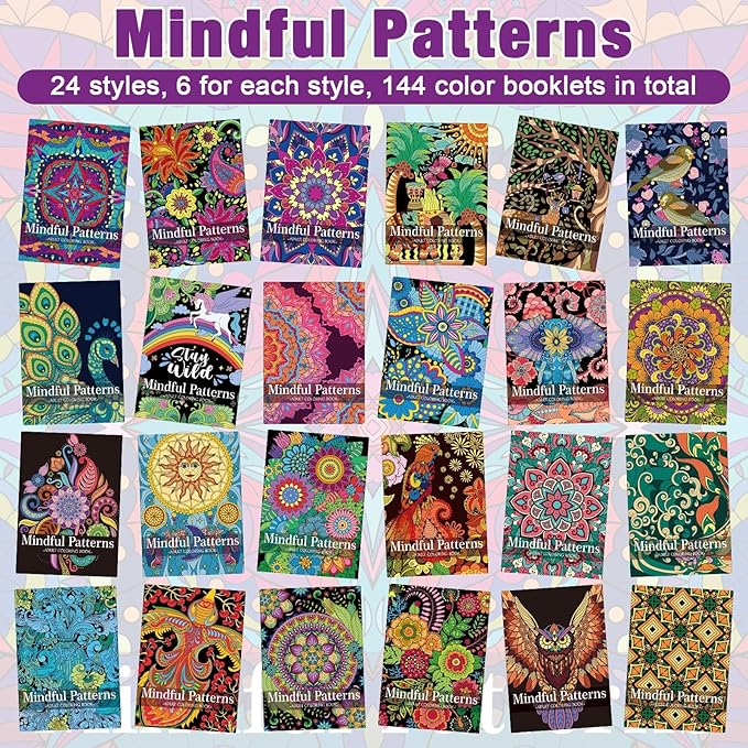Liliful 144 Pcs Mindful Coloring Book Bulk DIY Art Stress Relief Drawing Book with Mindfulness Patterns for Adults, Party Favors, Goodie Bag Filler and Holiday Gifts