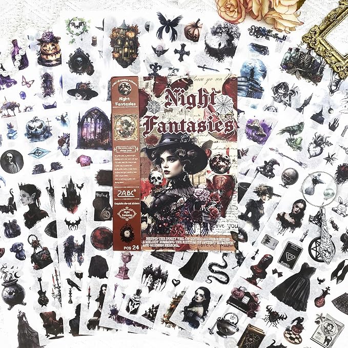 Vintage Scrapbook Stickers Book with 557pcs Stickers for Junk Journal Supplies, Aesthetic Washi Sticker Book for Journaling Dark Night Theme Ephemera for Junk Journal, Scrapbooking Supplies for Adults