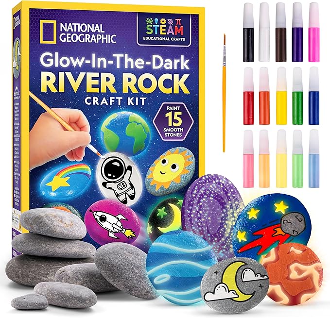 NATIONAL GEOGRAPHIC Glow in the Dark Rock Painting Kit - Arts & Crafts Kit for Kids, Decorate 15 River Rocks with 15 Paints & More Art Supplies, Outdoor Toys for Girls and Boys, Easter Basket Stuffers