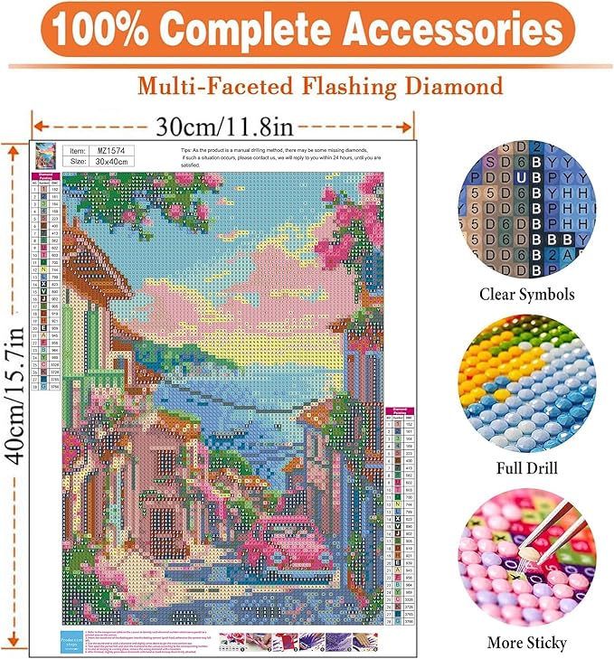 igoodom Diamond Art Kits for Adults, Beach City Diamond Painting Kit, Full Drill Round Diamond Art Kits, DIY Gem Art and Crafts for Home Wall Decor Gift 12x16inch