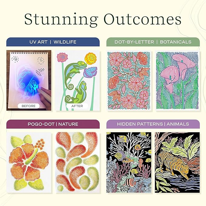 Lifelines FlowArt Activity Pads, 4-Pack - Guided Art Medtiations with 4 Sets of Markers & 80 Scenes - Color by Letter, Dot-Art and More, Coloring Books for Tweens, Adults & Seniors