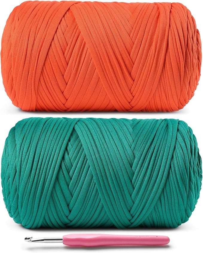 2 Pack Elastic Fabric T Shirt Yarn for Crocheting,Beginner Yarns with Polyester Spandex Blend,Total 800g/228yds Soft Tshirt Yarn for Crochet Crafts/Bags/Baskets(Orange+Peacock Green)