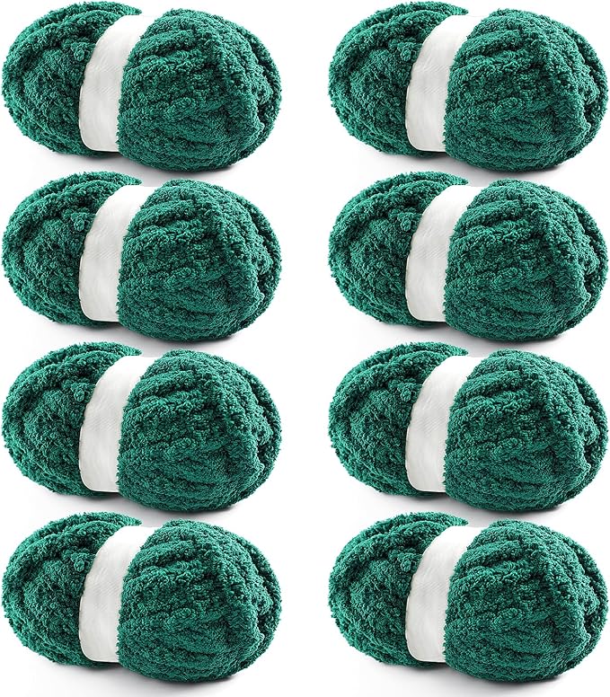 8 Pack Chunky Yarn for Hand Knitting - Chunky Chenille Blanket Yarn for Crocheting - Jumbo Fluffy Yarn for Crochet - Super Bulky Yarn 25 yds 7.7 oz Each Skein (Dark Green)