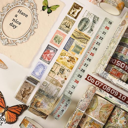 Vintage Washi Tape Set - 24 Rolls Arts Adhesive Tapes Assorted Retro Decorative Masking Tape Sets for Craft, Kids, Scrapbook, DIY, Gift Wrapping (2-Vintage Journey)