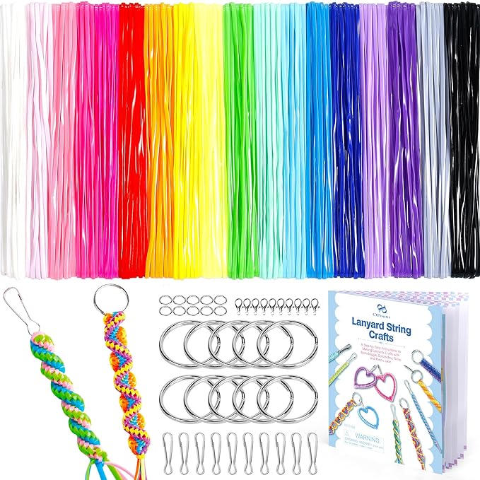 PP OPOUNT Lanyard String Kit for Friendship Bracelet & Keychain Making, 18 Solid-Color Gimp Kit with Tools & Guide, Plastic Boondoggle String for Adults & Family Activities, Fun Craft Set for Adults