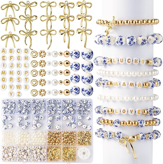 OSNIE Blue Flower Ceramic Beads - 681Pcs Vintage Blue Flower Printed Spacer Beads, Round Porcelain Pearl Gold Bead Making Kit for Women, Bow Charm DIY Jewelry Supplies Handmade Craft Gift for Necklace