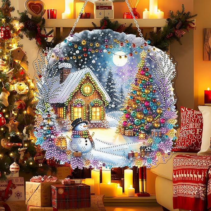 JJFox DIY Acrylic Diamond Art Painting Wreath Kits Special Shaped Rhinestone Diamond Art Window Pendants Home Garden Wall Hanging Kits Hanging Ornament (Christmas)