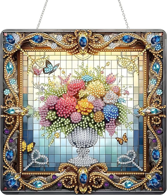 Diamond Art Kit for Adult, Special Shaped Rhinestone, DIY Acrylic Painting Window Pendants, Home Garden Wall Hanging Ornament, Double Sided (Flower-1)