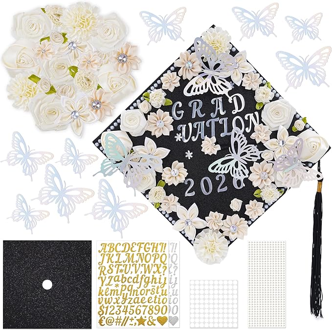 VISSTREE Graduation Cap Decorations Flowers, 56 Pcs Handmade Cap Toppers for Graduation with White Artificial Flower 3D Butterfly Number Letter Stickers Kit for DIY 2026 Grad Graduate Gift
