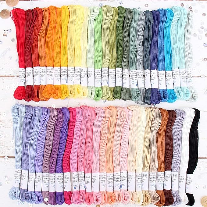 ThreadArt Huge 50 Color Premium Egyptian Long Fiber Cotton Embroidery Floss Thread Kit - Six Strand Set for Hand Embroidery, Friendship Bracelets, Cross Stitch and Crafts