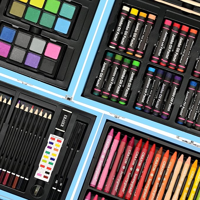 Sunnyglade 145 Piece Deluxe Art Set, Wooden Art Box & Drawing Kit with Crayons, Oil Pastels, Colored Pencils, Watercolor Cakes, Sketch Pencils, Paint Brush, Sharpener, Eraser, Color Chart (Blue)