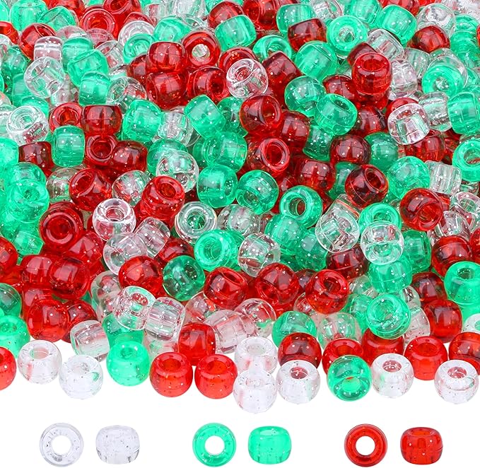 1000 Pcs Christmas Pony Beads Plastic Bead for Bracelets Christmas Beads for Jewelry Making Transparent Red Transparent Green White Pony Bead for Crafts