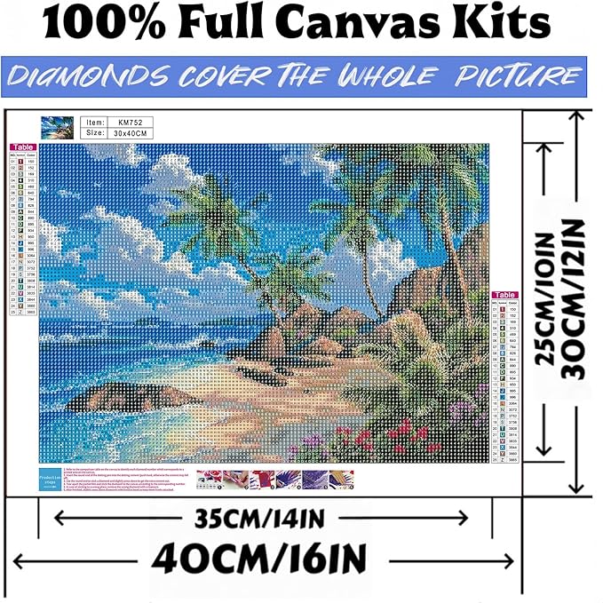 Diamond Art Kits for Adults Beach, DIY 5D Diamond Painting Kit for Beginners, Seaside Full Round Drill Gem Art Dots for Adults, Diamond Dots Paintings Crafts Home Wall Decor 12X16 Inch
