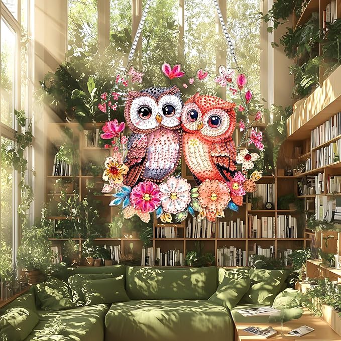 Lxmsja DIY Two Owls Diamond Painting Hanging Ornament, Double-Sided Acrylic Flowers Tree Branch Diamond Art Kit, Special Shaped Suncatcher Hanging Pendant Window Art Kit 8x8 inch
