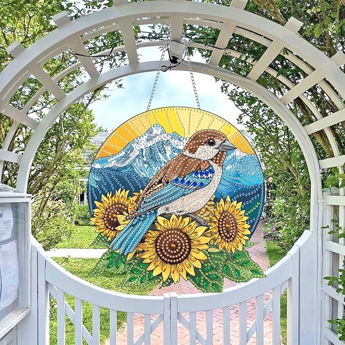 Wergund 5D DIY Bird Diamond Art Hanging Kits, Hanging Diamond Art Sunflower, Acrylic Special Shaped Rhinestone, Window Hanging Pendants for Home Wall Garden Front Door Outdoor Decor Gift(Bird)