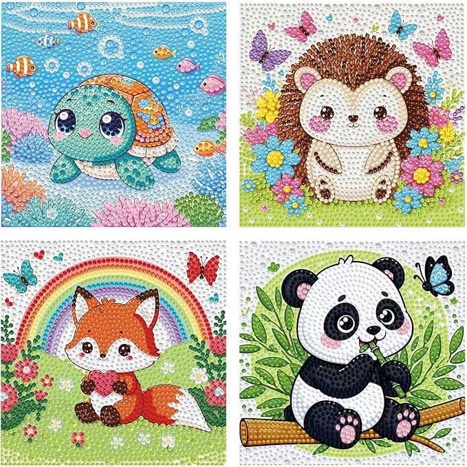 Dlylust Diamond Painting Kits for Kids Beginner - 4 Pack DIY 5D Full Drill Diamond Art Kits for Children, Cute Animals Round Crystal Rhinestone Gem Art Crafts Home Wall Art Decor 5.9 x 5.9 Inches