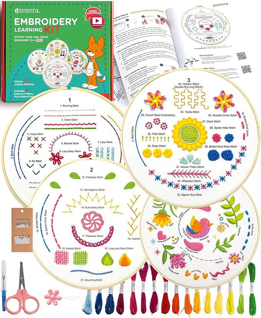 Azenera Beginner Embroidery Kit (4 Pack) Learn 33 Stitches with Easy DIY Video Tutorials, Coloured Design Patterns, Thread Floss, Cross Stitch Hoop, Gift (AZA100)