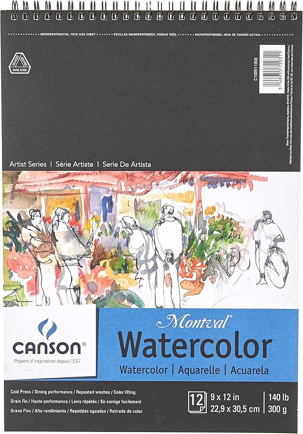 Canson Artist Series Montval Watercolor Paper, Wirebound Pad, 9x12 inches, 12 Sheets (140lb/300g) - Artist Paper for Adults and Students - Watercolors, Mixed Media, Markers and Art Journaling