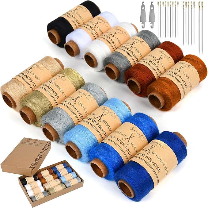 bymore 30 pcs sewing thread kit, 12 colors 400 yards per polyester thread spools with needles and threaders for hand & machine sewing, emergency and travel, diy and home
