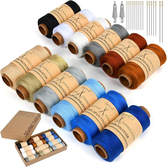 bymore 30 pcs sewing thread kit, 12 colors 400 yards per polyester thread spools with needles and threaders for hand & machine sewing, emergency and travel, diy and home