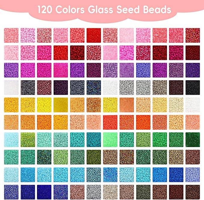 QUEFE 62000pcs 120 Colors Glass Seed Beads for Jewelry Making, 2mm Mini Beads with Accessories Friendship Bracelet Kit Charms and Pendants Kit for Bracelets Rings Necklaces Making, DIY, Gift, Craft