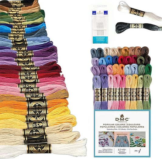 DMC Embroidery Floss Pack Popular Colors, Embroidery Thread Kit Include 36 Assorted Color Bundle with DMC Mouline Cotton White/Black and Cross Stitch Hand Needles Size 26.