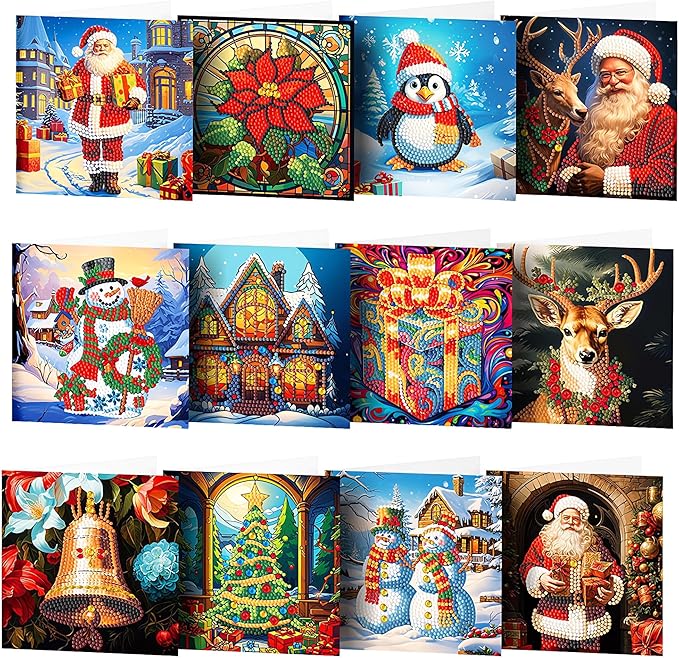 12 Packs DIY 5D Diamond Paint Christmas Cards, Xmas Santa Claus Elk Diamond Art Greeting Cards, Gem Art Christmas Ornaments for Adults Beginners Holiday Gift