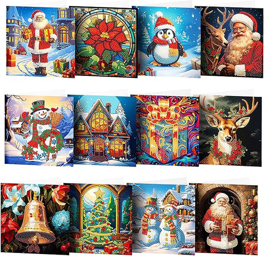12 Packs DIY 5D Diamond Paint Christmas Cards, Xmas Santa Claus Elk Diamond Art Greeting Cards, Gem Art Christmas Ornaments for Adults Beginners Holiday Gift