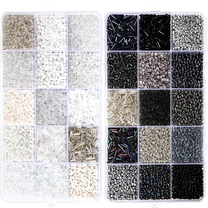 Misdary 30 Colors Glass Seed and Tube Bugle Beads Kit 2 Organizer Boxes Loose Beads for Jewelry Making DIY Crafts Bracelets and Necklaces(Black and White)