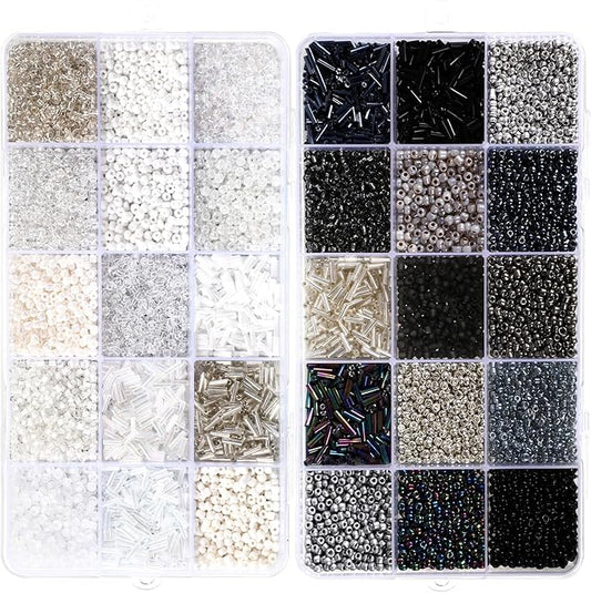 Misdary 30 Colors Glass Seed and Tube Bugle Beads Kit 2 Organizer Boxes Loose Beads for Jewelry Making DIY Crafts Bracelets and Necklaces(Black and White)