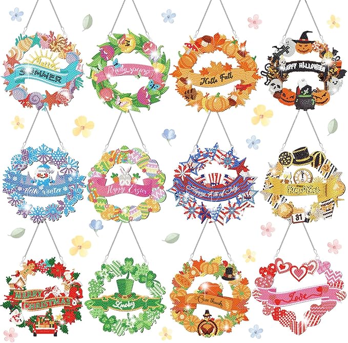 Cinnvoice 12 Pcs Seasonal Diamond Art Wreath Kits Holiday 5d DIY Diamond Art Hanging Signs Winter Spring Ornaments for Wall Door Decoration(Wreath)