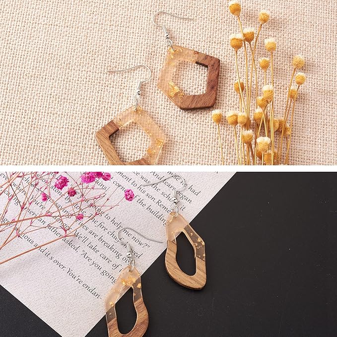 Beadthoven 60pcs Resin Wood Charms Earring Pendants Making Kit Gold Earring Charms DIY Boho Wood Blanks Rectangle Round Teardrop Geometry Resin Wooden Pieces for Jewelry Making with Earring Hooks
