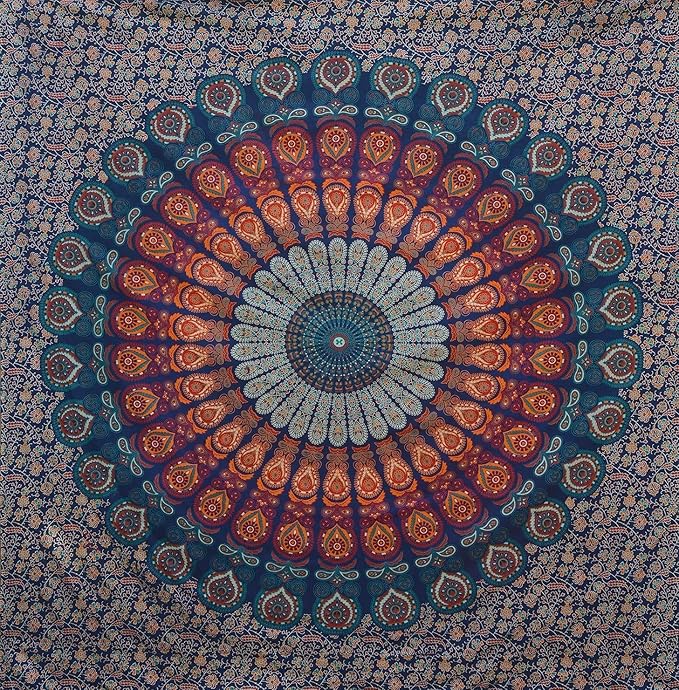 bless international handmade indian hippie bohemian psychedelic peacock mandala wall hanging college dorm beach throws table cloth bedding tapestry (blockbuster, twin(54x72inches)(140x185cms))