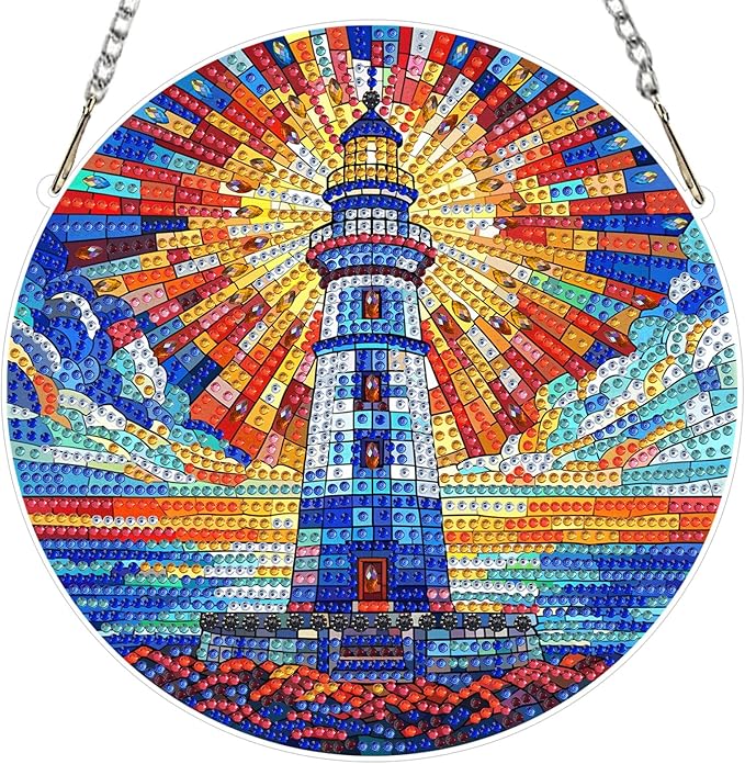 Lxmsja DIY Stained Glass Lighthouse Diamond Painting Hanging Ornament, Double-Sided Acrylic Sun Rays Diamond Art Kit, Special Shaped Suncatcher Hanging Pendant Window Art Kit