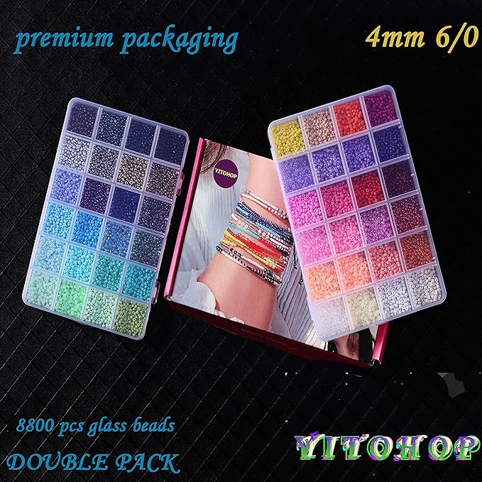 YITOHOP 8800+pcs 4mm 12/0 48 Colors Glass Seed Beads, Charms Bracelet Jewelry Making Beads Kit Gifts for Teen Girls Crafts for Girls Ages 8-12 Holiday Gifts