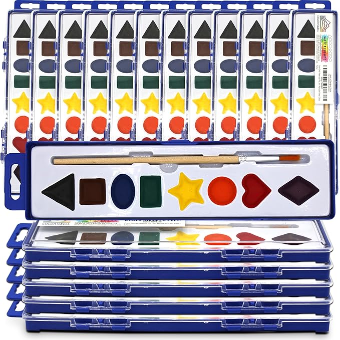 color swell bulk watercolor paint set – 18-pack with 8 washable colors & shape learning tools – includes strong wood brushes for kids