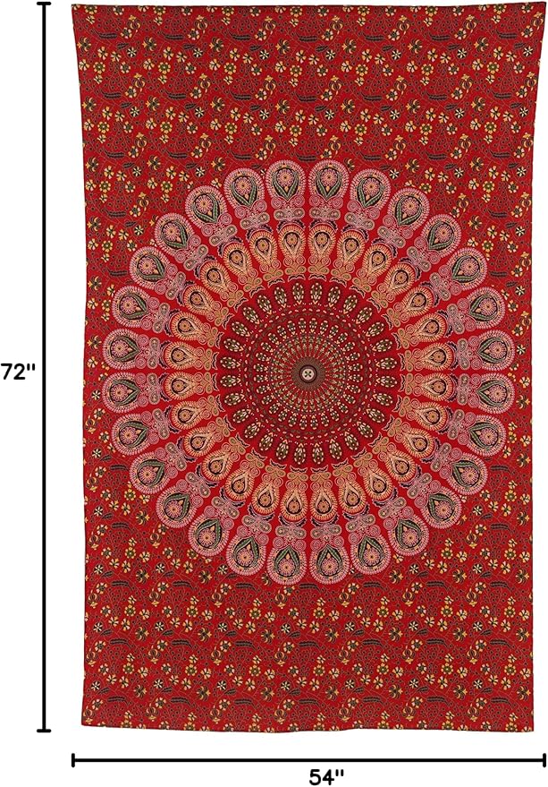 bless international handmade indian hippie bohemian psychedelic peacock mandala wall hanging college dorm beach throws table cloth bedding tapestry (golden red, twin(54x72inches)(140x185cms))