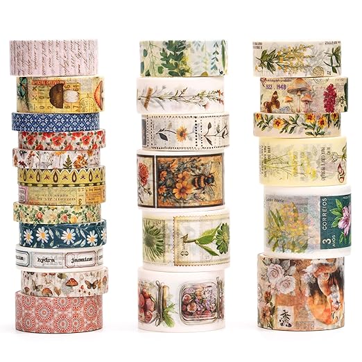 Vintage Washi Tape Set - 24 Rolls Arts Adhesive Tapes Assorted Retro Decorative Masking Tape Sets for Craft, Kids, Scrapbook, DIY, Gift Wrapping (5-Botanical Garden)