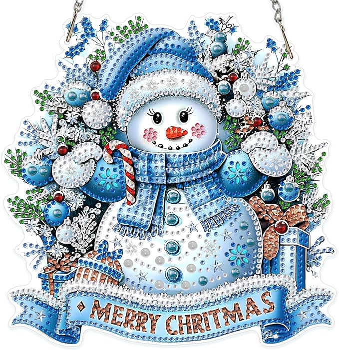 MOGTAA Christmas Diamond Art Hanging Kits for Adults Kids, Christmas Snowman Diamond Art Suncatchers, 5D Special Shape Winter Diamond Painting Window Pendant Kit for Home Garden Wall Decor