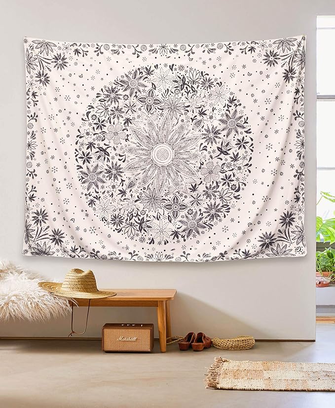 neasow bohemian tapestry wall hanging, beige white floral tapestry with dotted daisy medallion print bedroom boho hippie home decor, 50×60 inches