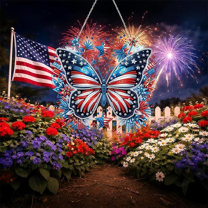 DIY Diamond Art Painting Wreath Kits，Special Shaped Rhinestone Hanging Ornament Diamond Art Window Pendants for Gift Home Garden Wall Hanging Kits,Double Sided (4th of July-Butterfly)